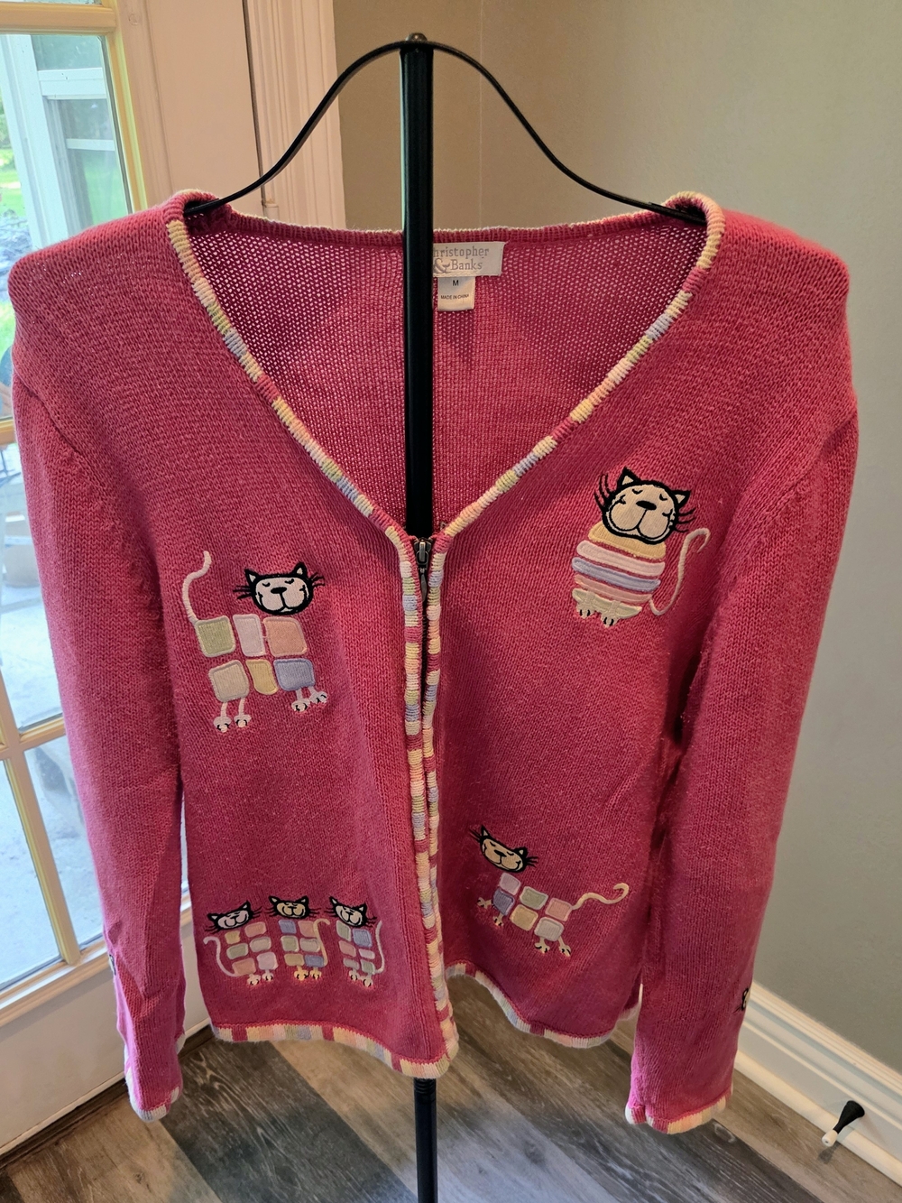 Christopher & Banks Pink Embroidered Cat Knit Cardigan Sweater